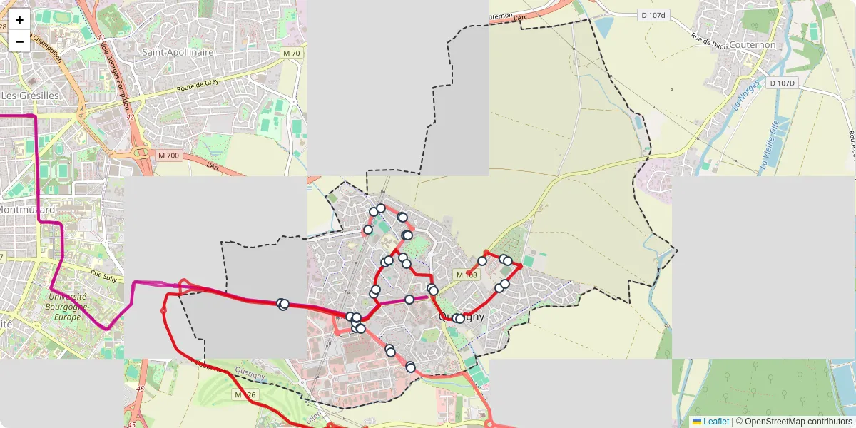 Carte du réseau de transport en commun à Quetigny - lignes de bus et arrêts