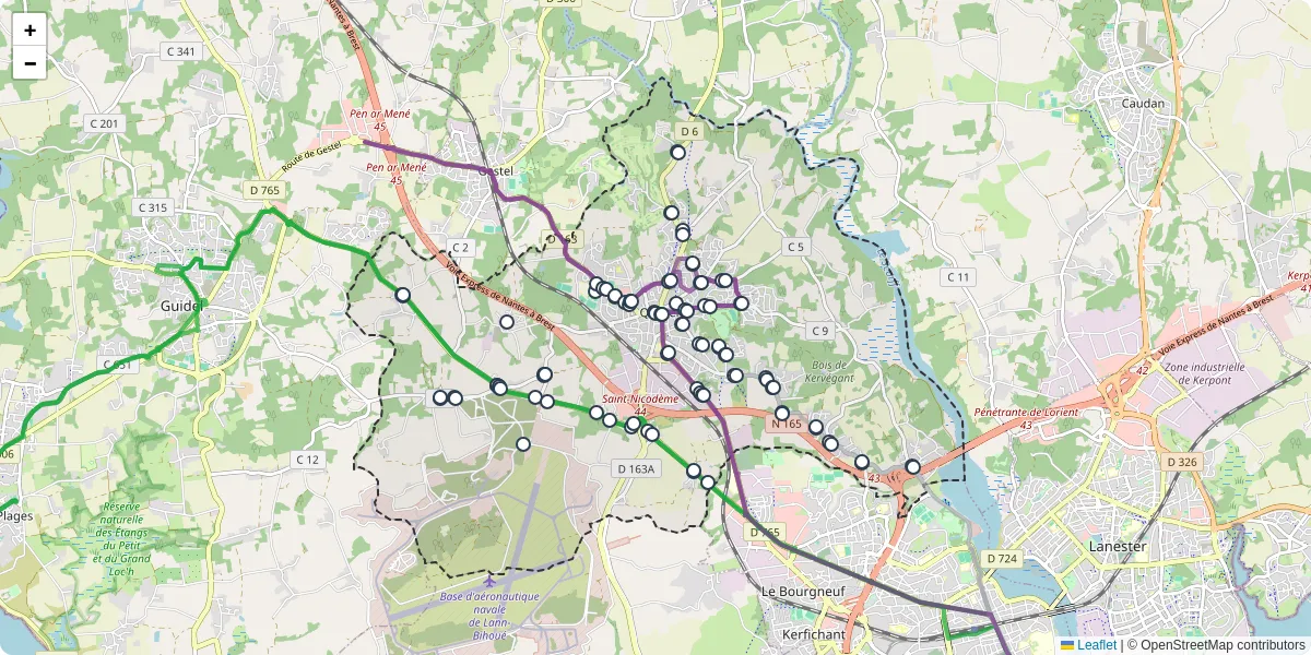 Carte du réseau de transport en commun à Quéven - lignes de bus et arrêts