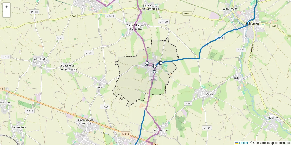 Carte du réseau de transport en commun à Quiévy - lignes de bus et arrêts
