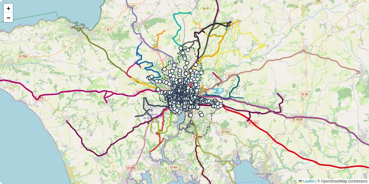 Carte du réseau de transport en commun à Quimper - lignes de bus et arrêts