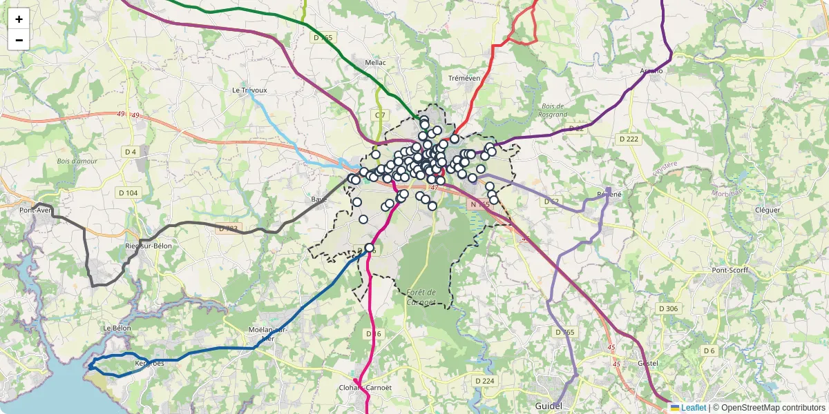 Carte du réseau de transport en commun à Quimperlé - lignes de bus et arrêts