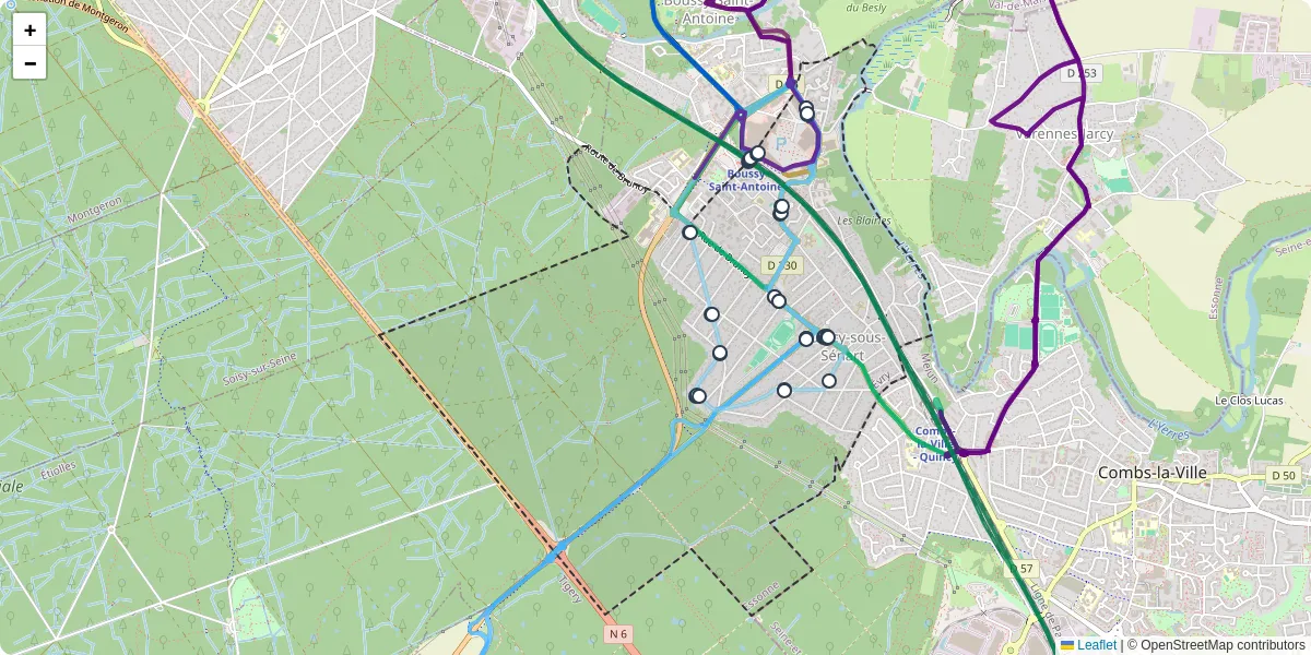 Carte du réseau de transport en commun à Quincy-sous-Sénart - lignes de bus et arrêts