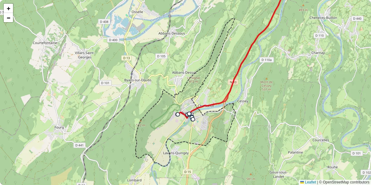 Carte du réseau de transport en commun à Quingey - lignes de bus et arrêts