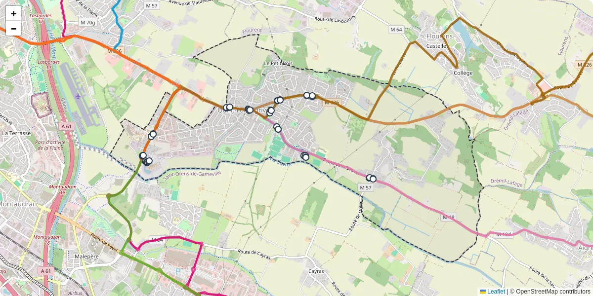 Carte du réseau de transport en commun à Quint-Fonsegrives - lignes de bus et arrêts