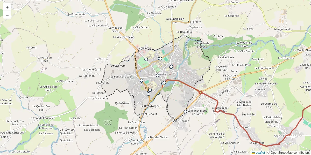 Carte du réseau de transport en commun à Quintin - lignes de bus et arrêts