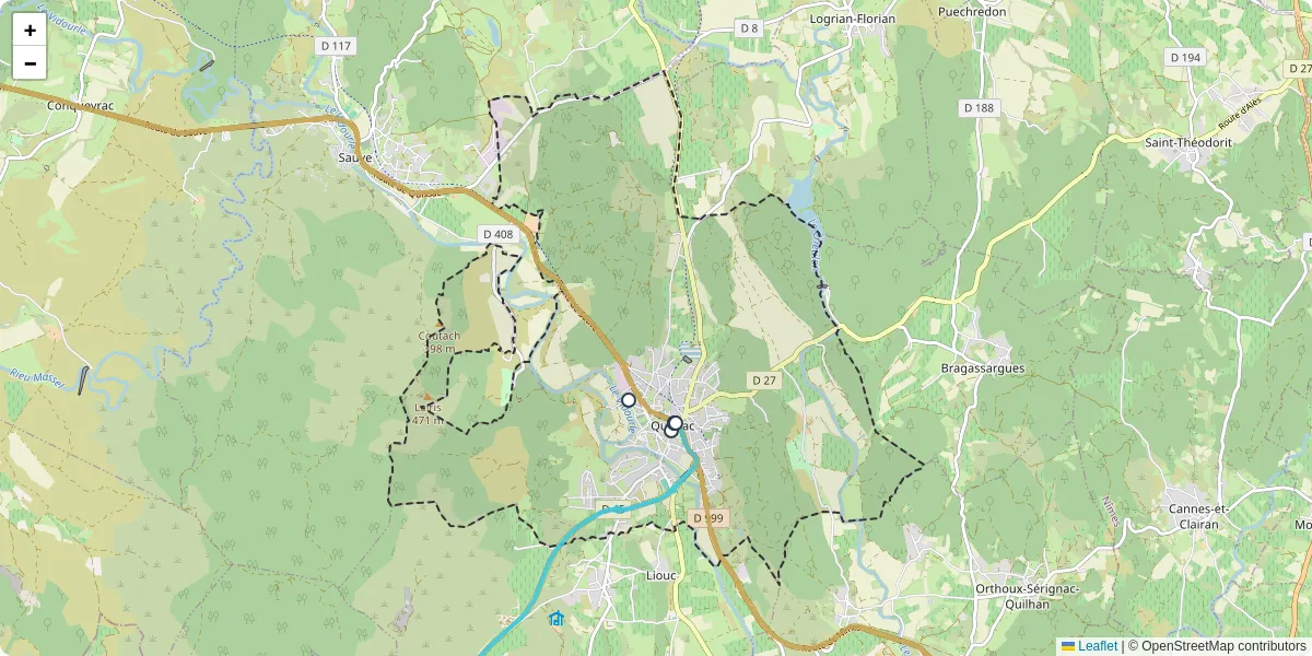 Carte du réseau de transport en commun à Quissac - lignes de bus et arrêts
