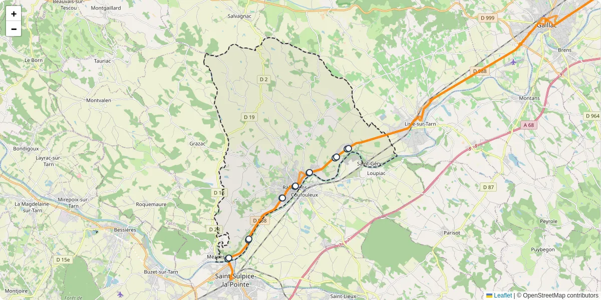 Carte du réseau de transport en commun à Rabastens - lignes de bus et arrêts