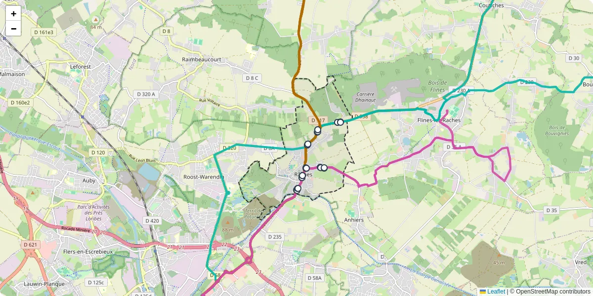 Carte du réseau de transport en commun à Râches - lignes de bus et arrêts