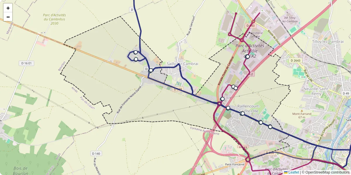 Carte du réseau de transport en commun à Raillencourt-Sainte-Olle - lignes de bus et arrêts