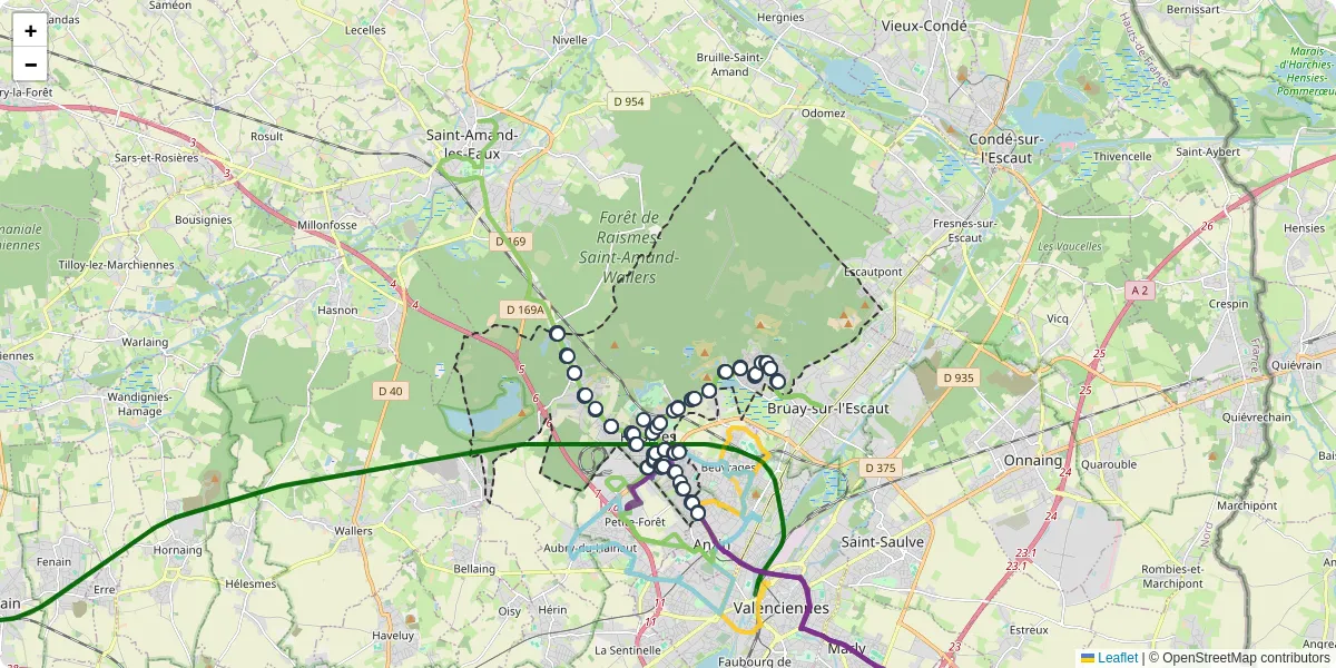 Carte du réseau de transport en commun à Raismes - lignes de bus et arrêts