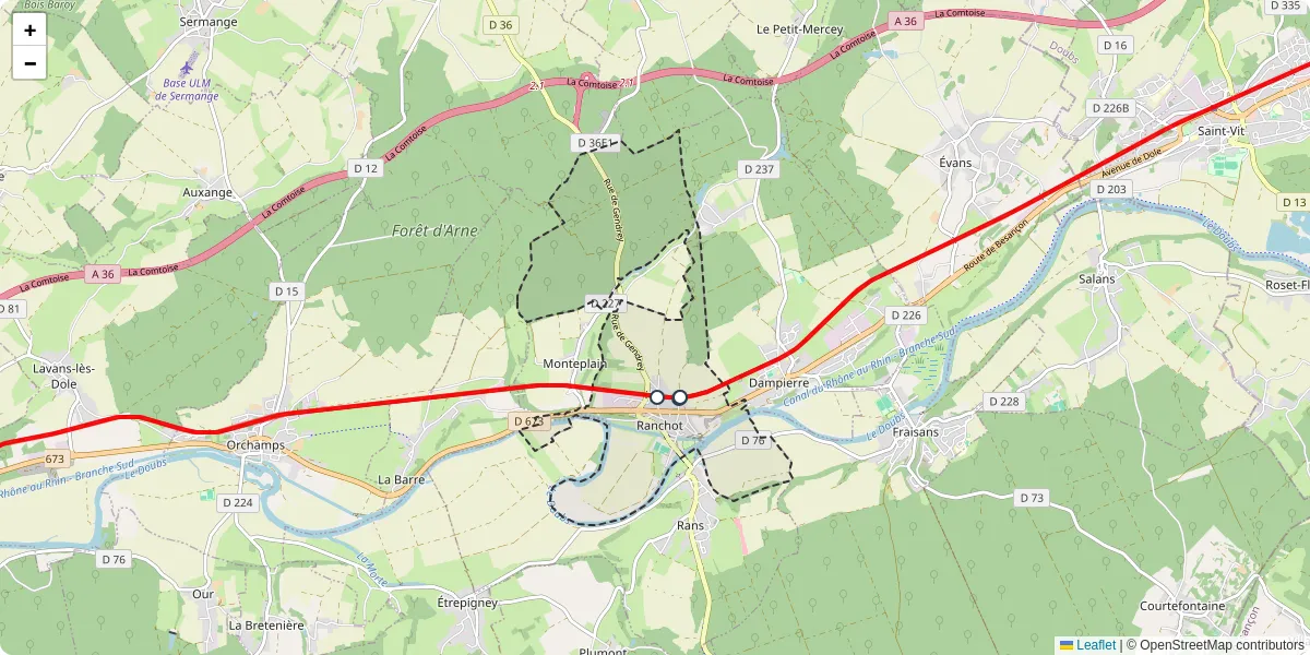 Carte du réseau de transport en commun à Ranchot - lignes de bus et arrêts
