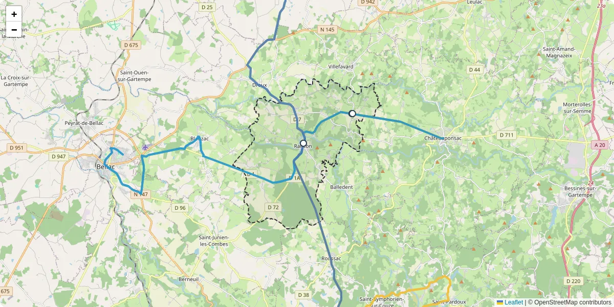 Carte du réseau de transport en commun à Rancon - lignes de bus et arrêts