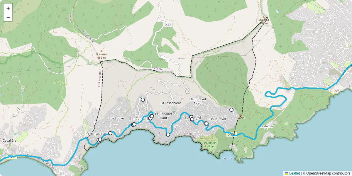 Carte du réseau de transport en commun à Rayol-Canadel-sur-Mer - lignes de bus et arrêts