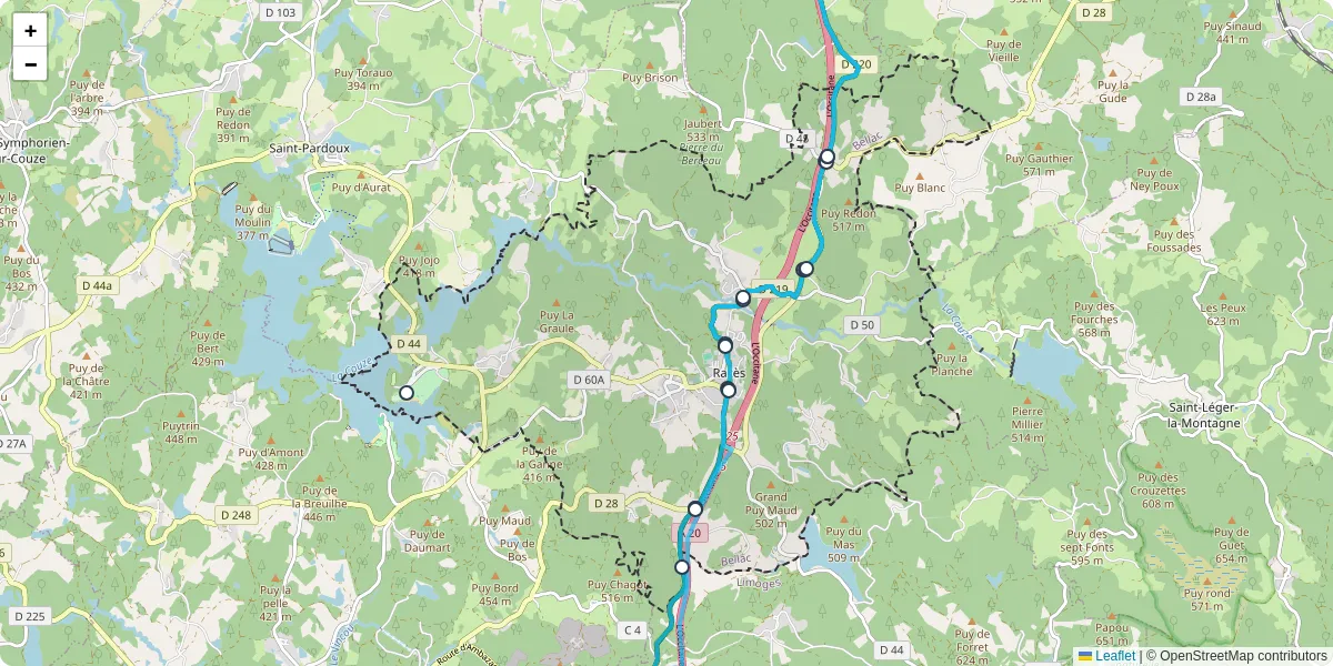 Carte du réseau de transport en commun à Razès - lignes de bus et arrêts