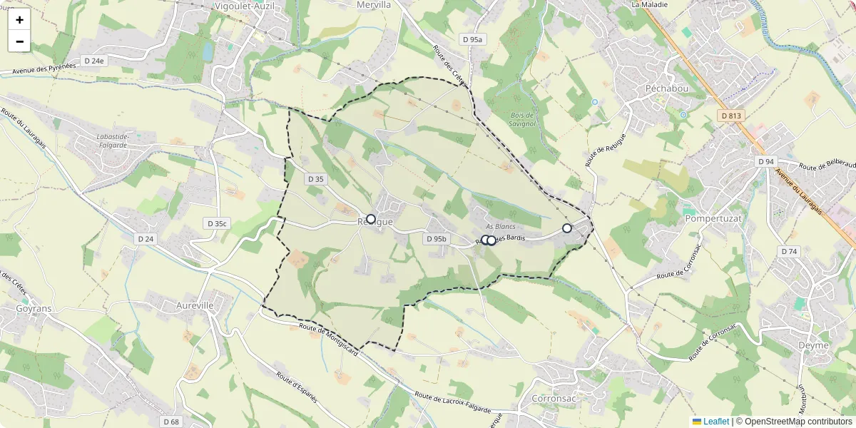Carte du réseau de transport en commun à Rebigue - lignes de bus et arrêts