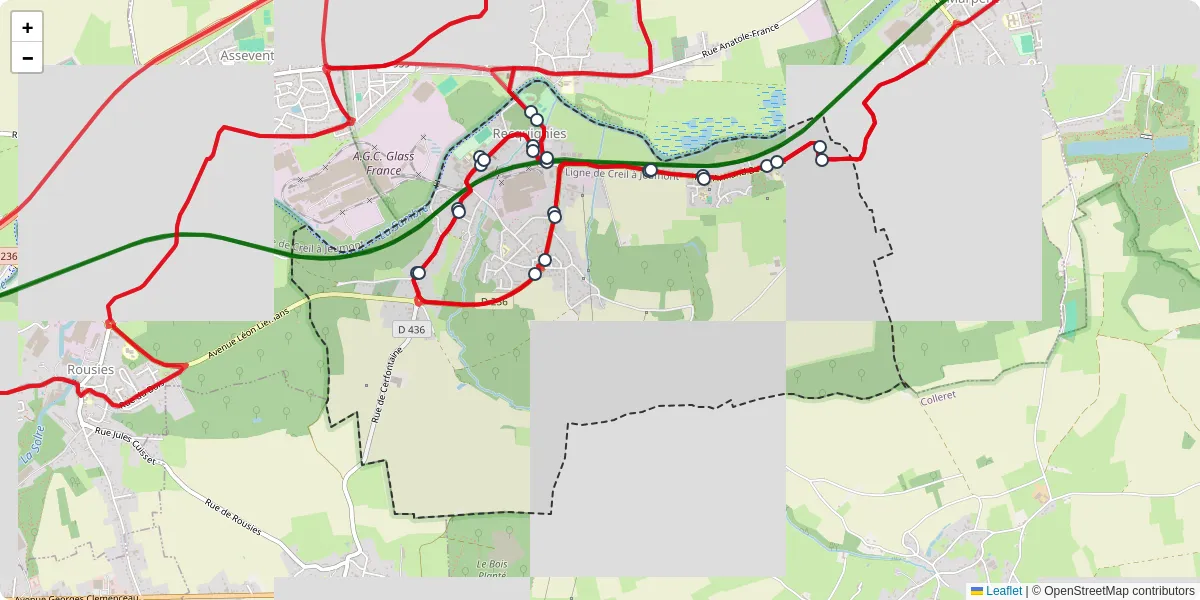 Carte du réseau de transport en commun à Recquignies - lignes de bus et arrêts