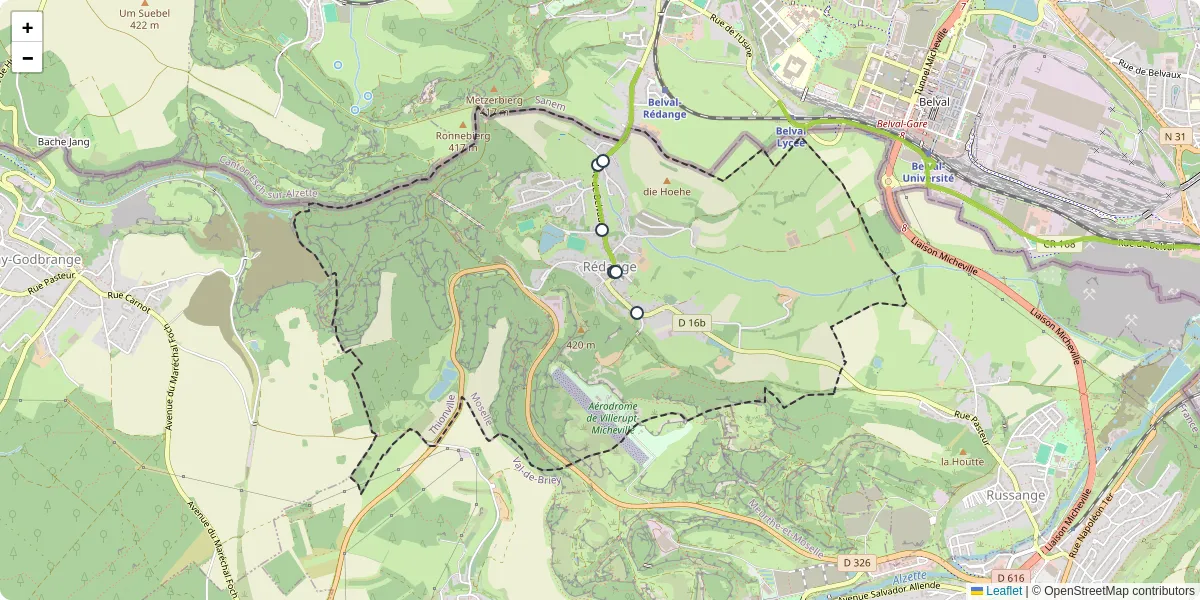 Carte du réseau de transport en commun à Rédange - lignes de bus et arrêts