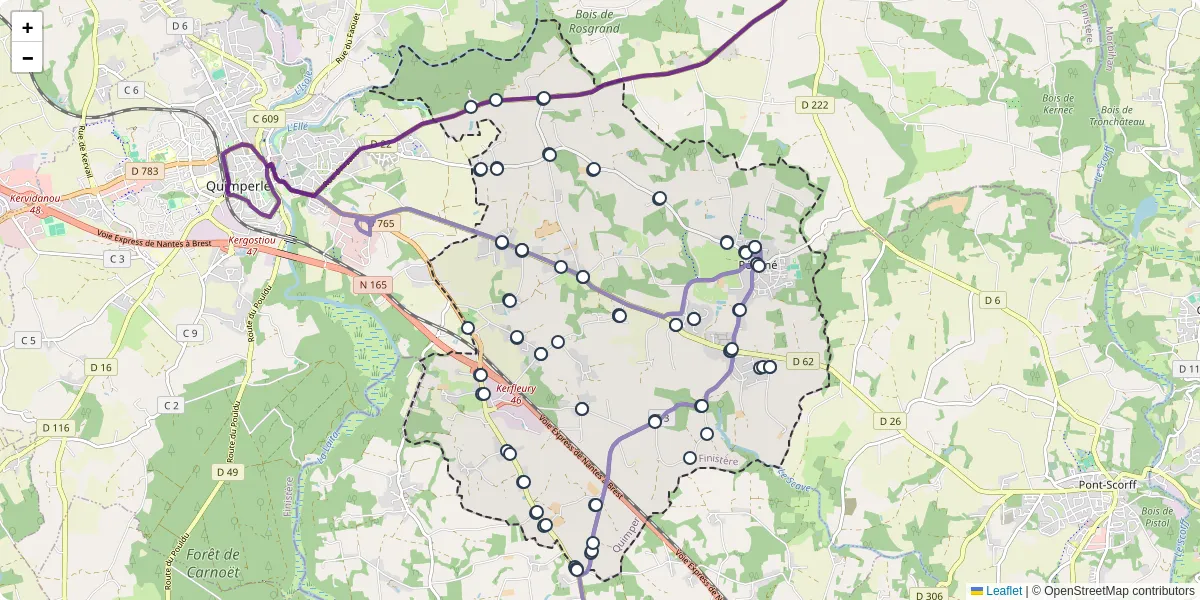 Carte du réseau de transport en commun à Rédené - lignes de bus et arrêts