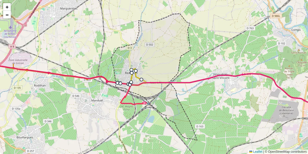 Carte du réseau de transport en commun à Redessan - lignes de bus et arrêts