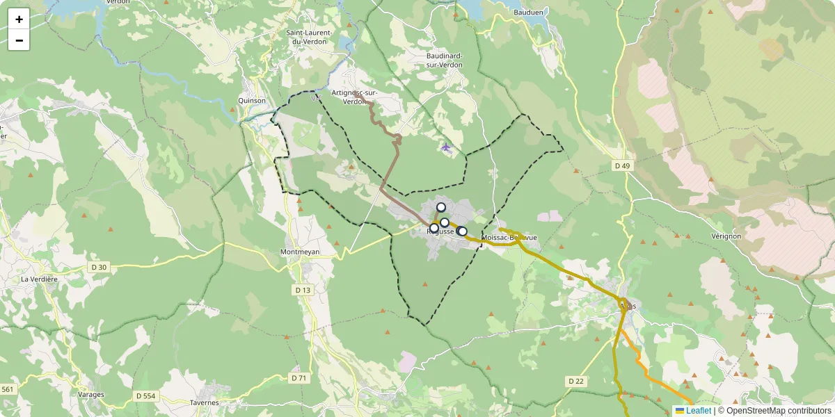 Carte du réseau de transport en commun à Régusse - lignes de bus et arrêts