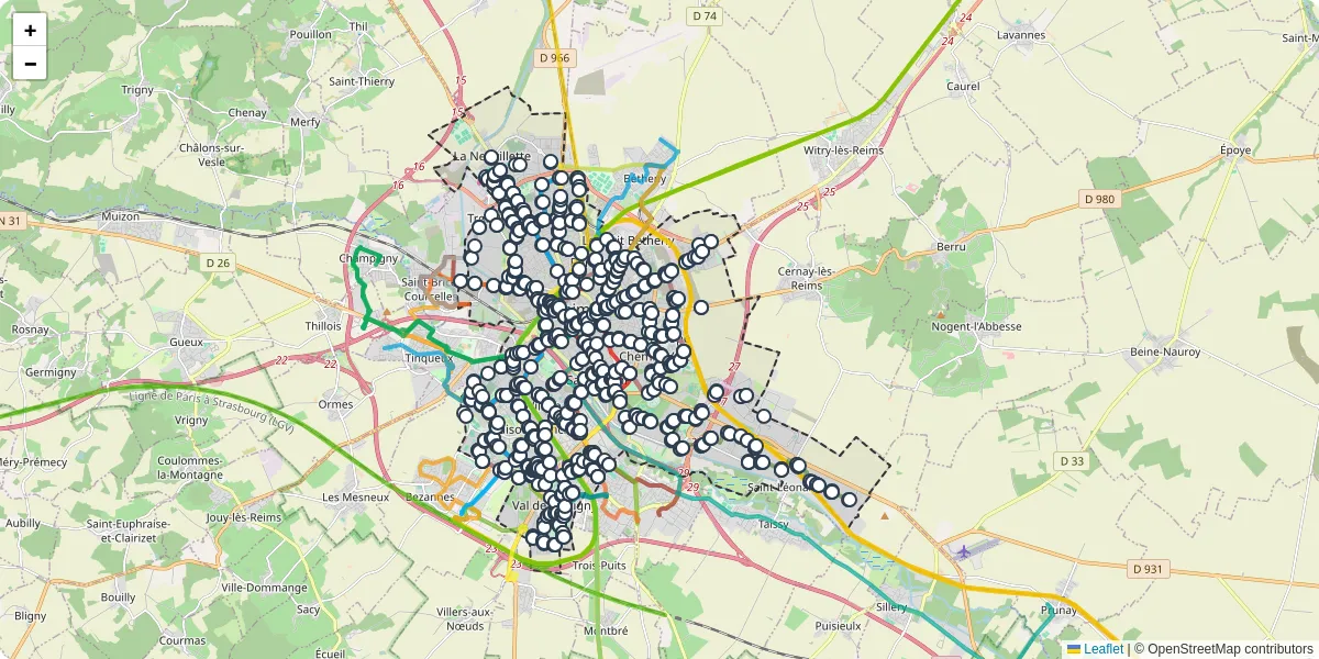 Carte du réseau de transport en commun à Reims - lignes de bus et arrêts