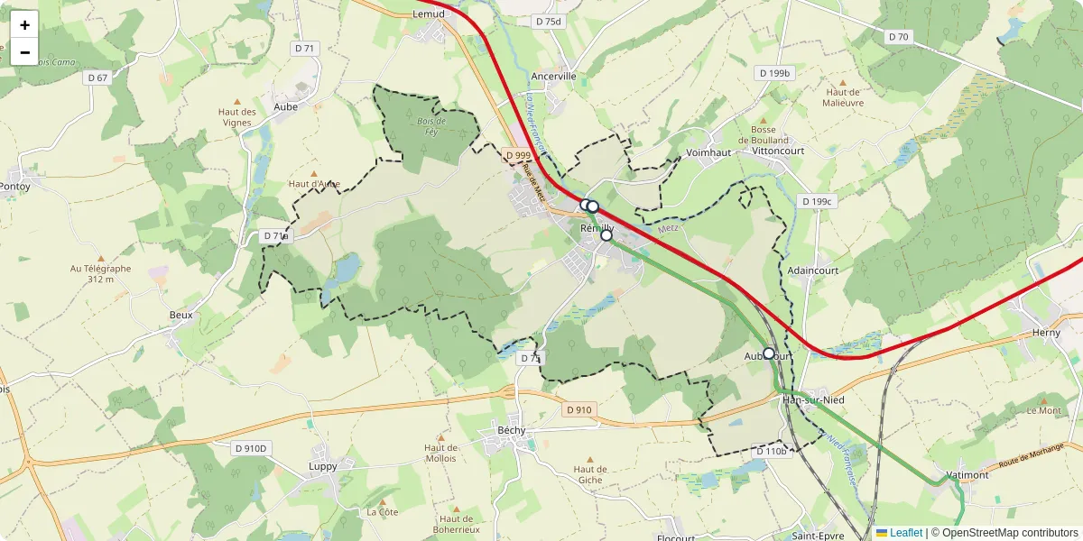 Carte du réseau de transport en commun à Rémilly - lignes de bus et arrêts