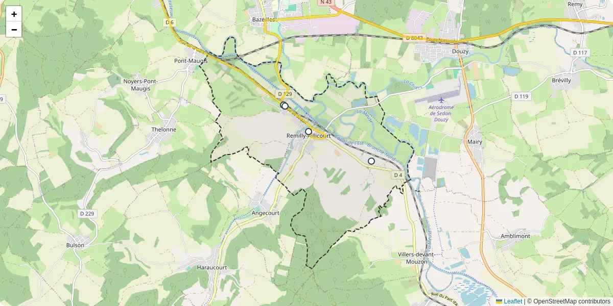 Carte du réseau de transport en commun à Remilly-Aillicourt - lignes de bus et arrêts
