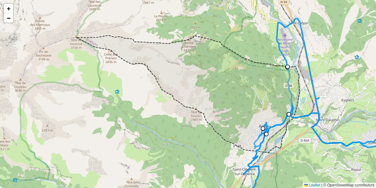 Carte du réseau de transport en commun à Réotier - lignes de bus et arrêts