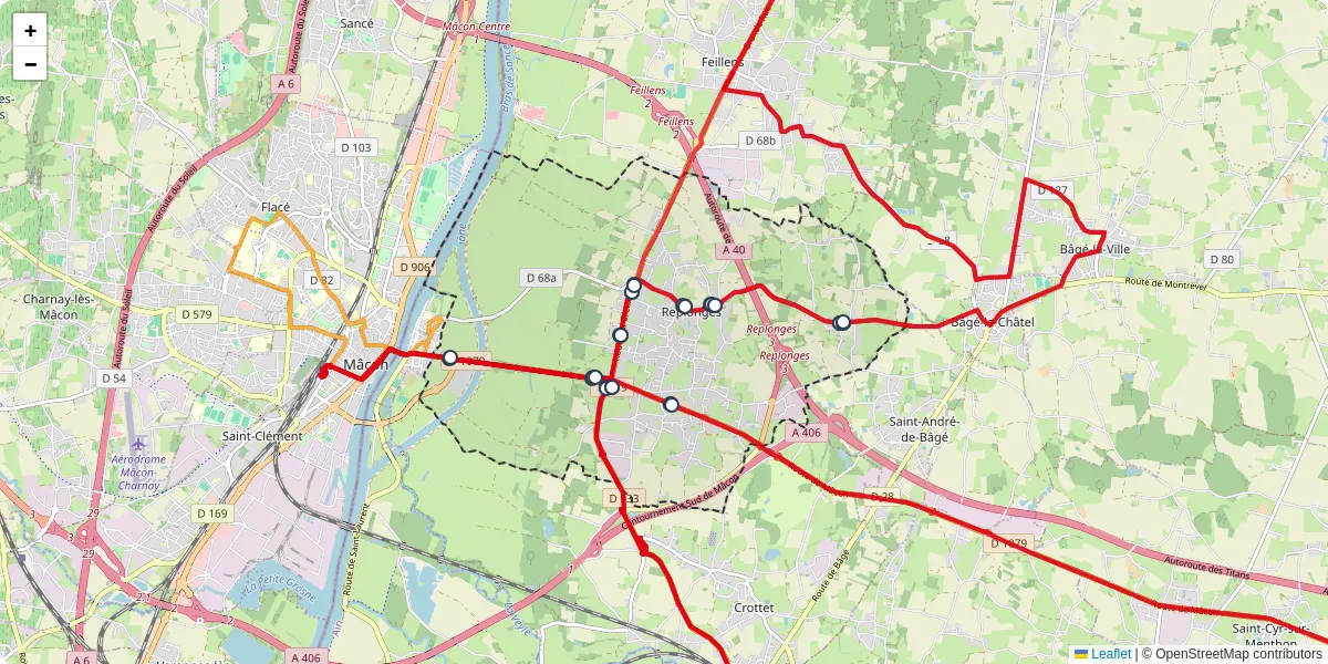 Carte du réseau de transport en commun à Replonges - lignes de bus et arrêts