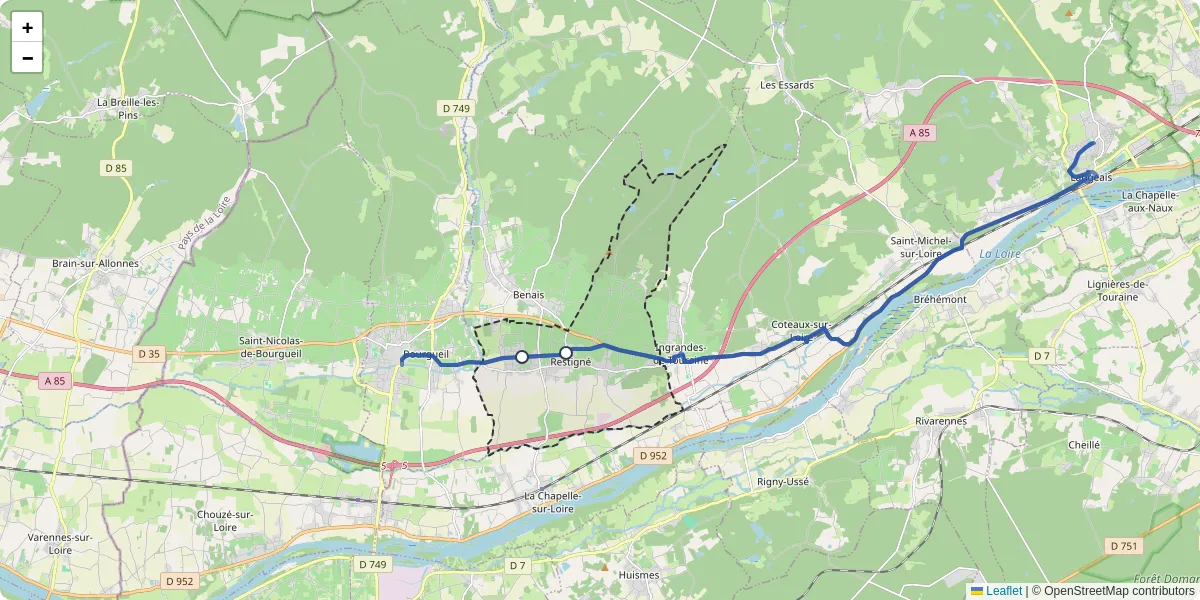 Carte du réseau de transport en commun à Restigné - lignes de bus et arrêts