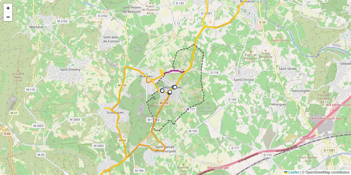 Carte du réseau de transport en commun à Restinclières - lignes de bus et arrêts