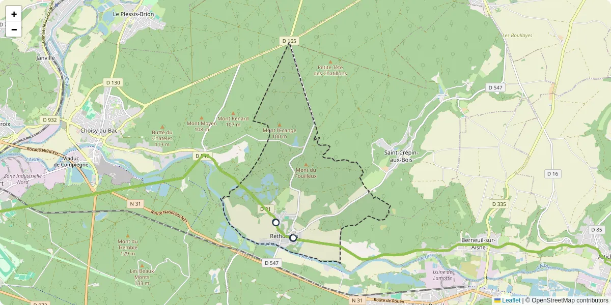 Carte du réseau de transport en commun à Rethondes - lignes de bus et arrêts