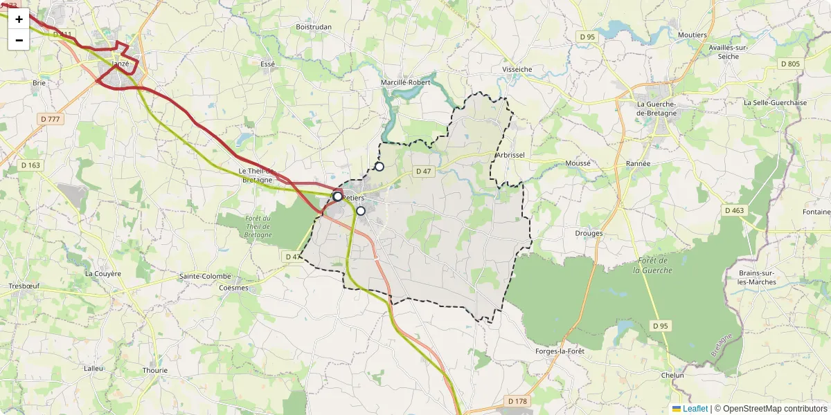 Carte du réseau de transport en commun à Retiers - lignes de bus et arrêts