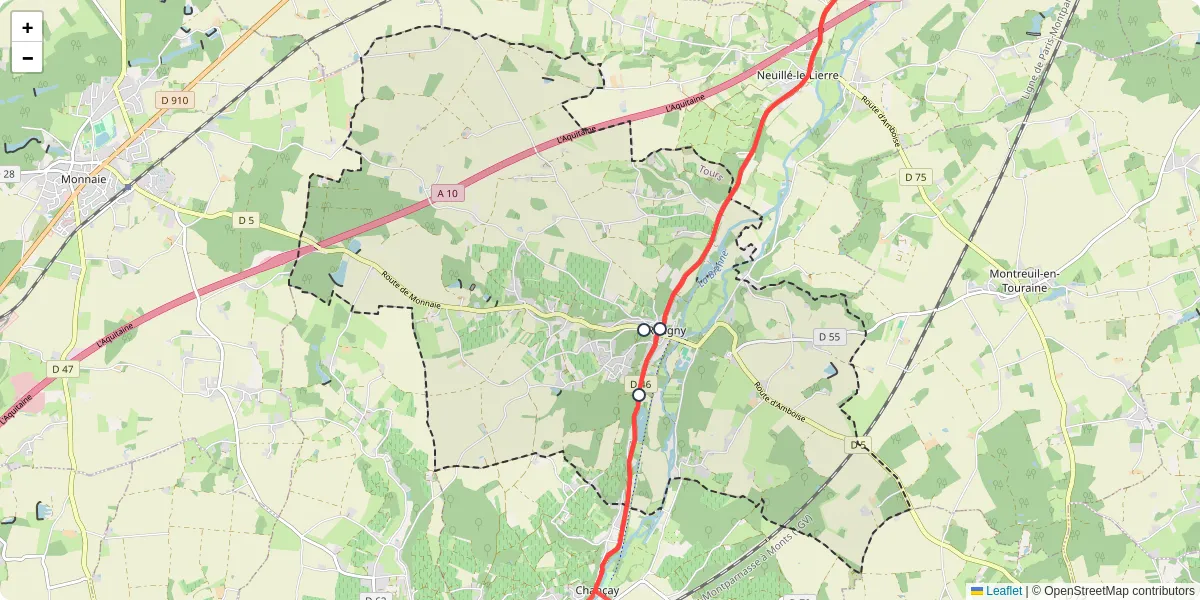 Carte du réseau de transport en commun à Reugny - lignes de bus et arrêts