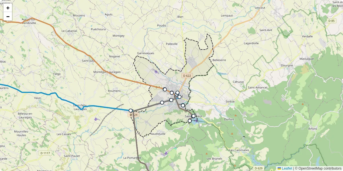 Carte du réseau de transport en commun à Revel - lignes de bus et arrêts