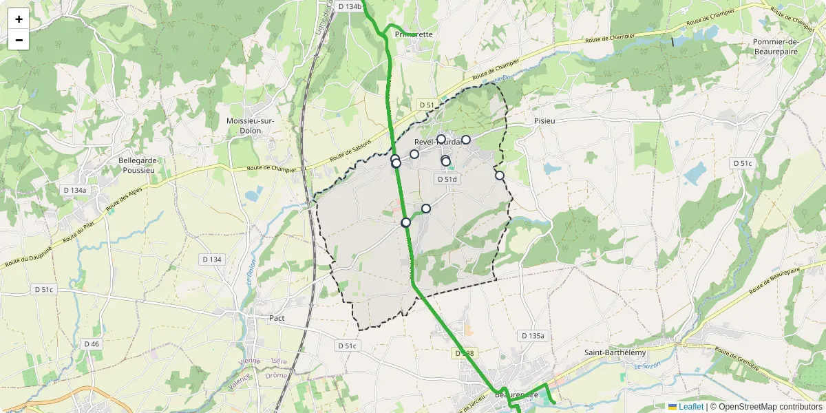 Carte du réseau de transport en commun à Revel-Tourdan - lignes de bus et arrêts