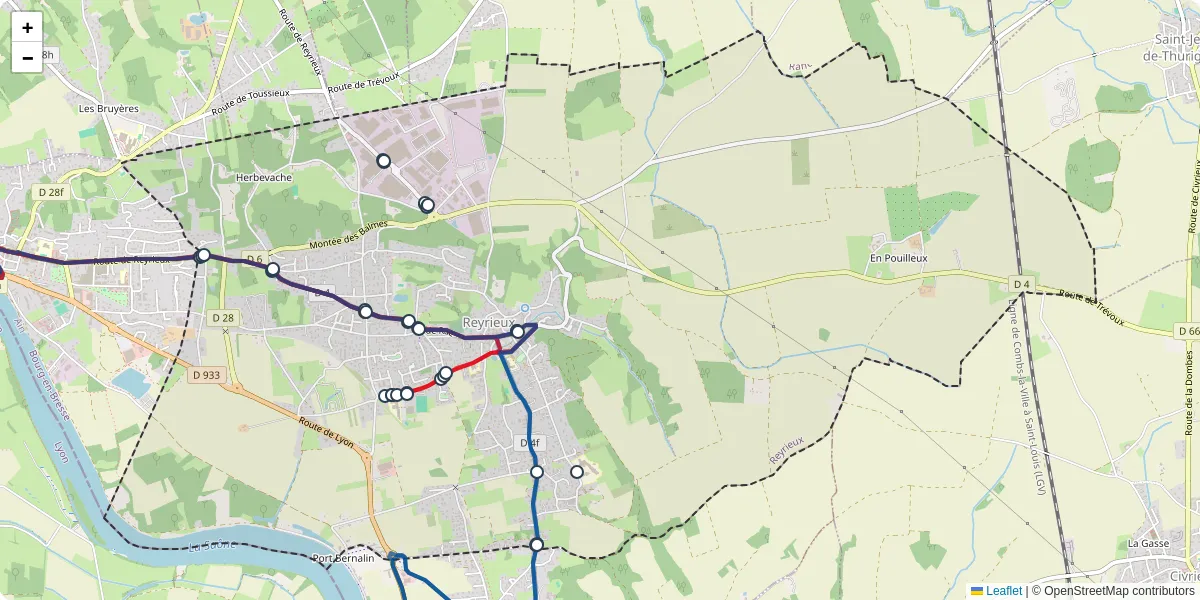 Carte du réseau de transport en commun à Reyrieux - lignes de bus et arrêts