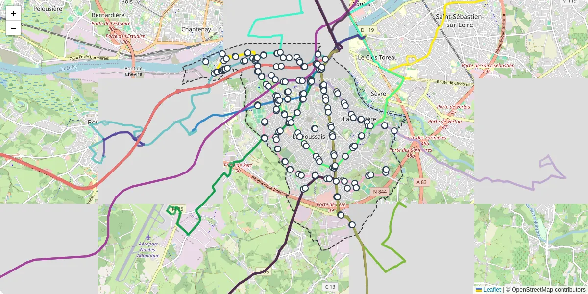 Carte du réseau de transport en commun à Rezé - lignes de bus et arrêts