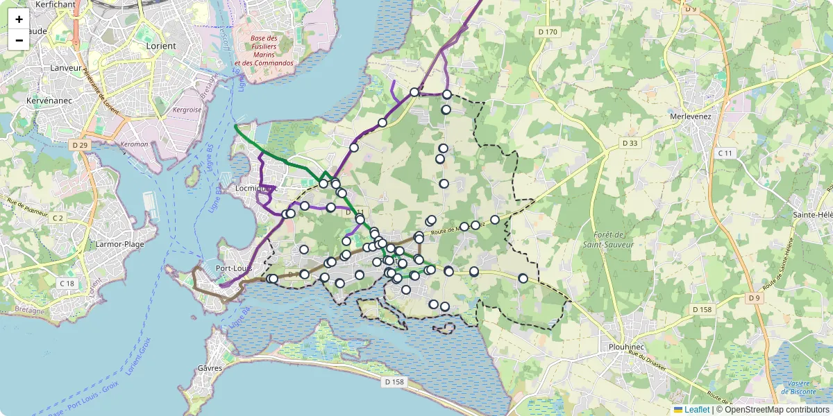 Carte du réseau de transport en commun à Riantec - lignes de bus et arrêts
