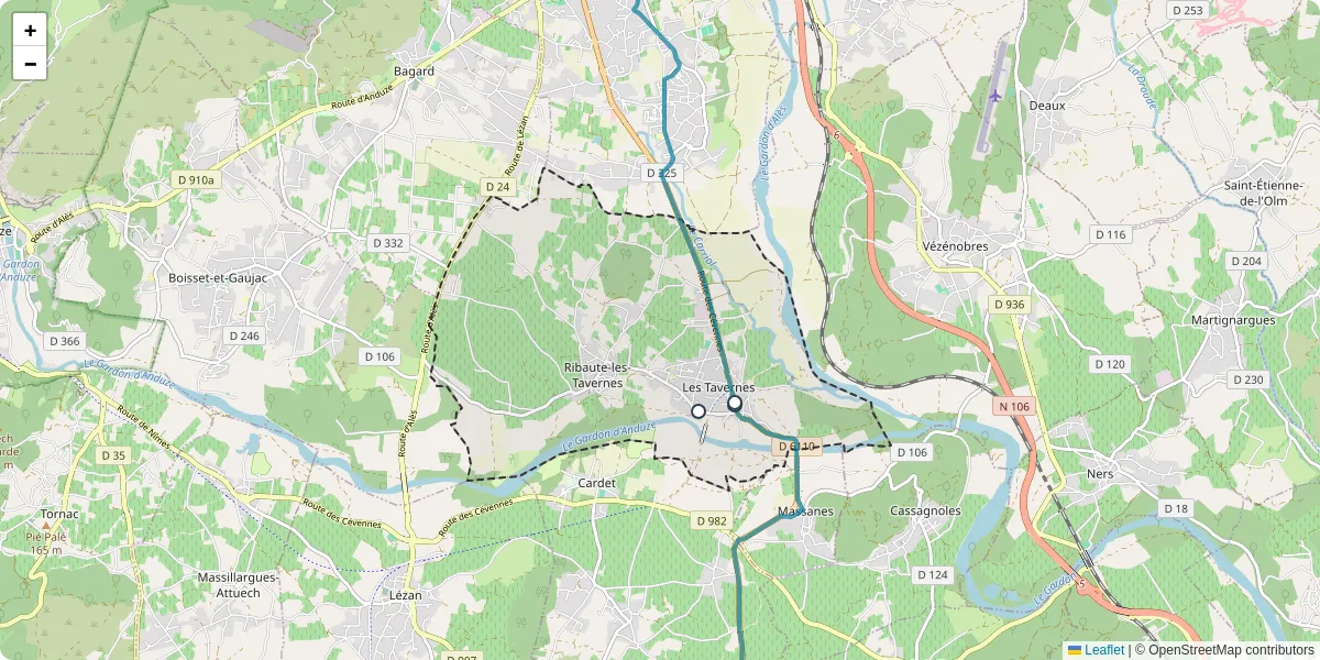 Carte du réseau de transport en commun à Ribaute-les-Tavernes - lignes de bus et arrêts