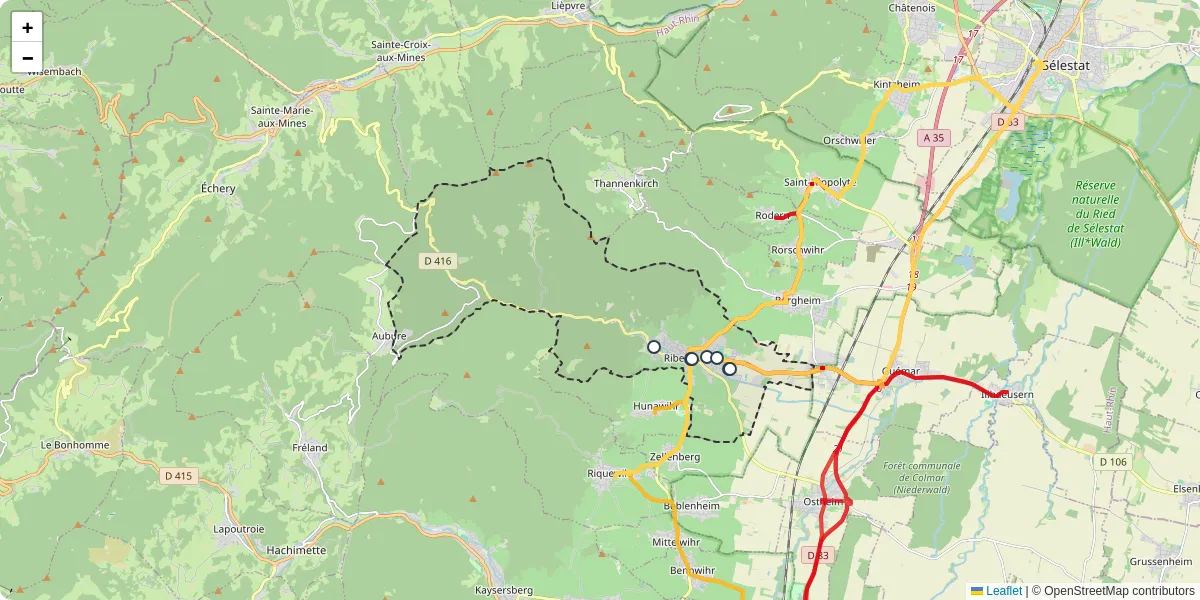Carte du réseau de transport en commun à Ribeauvillé - lignes de bus et arrêts