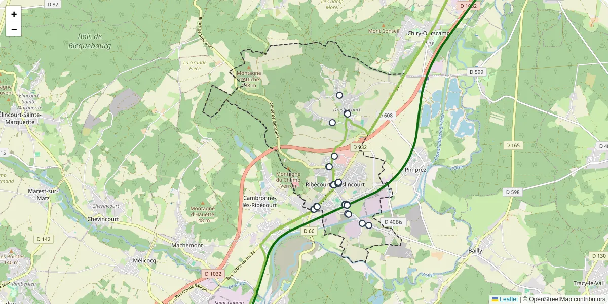 Carte du réseau de transport en commun à Ribécourt-Dreslincourt - lignes de bus et arrêts