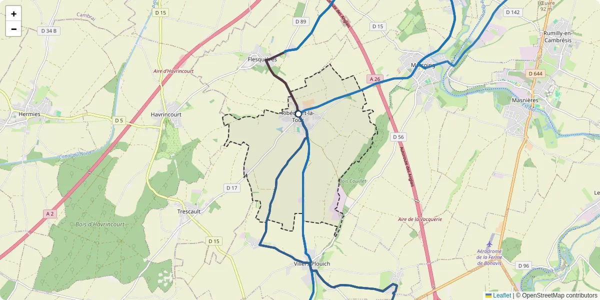 Carte du réseau de transport en commun à Ribécourt-la-Tour - lignes de bus et arrêts