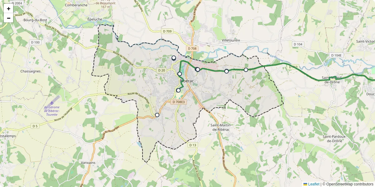 Carte du réseau de transport en commun à Ribérac - lignes de bus et arrêts