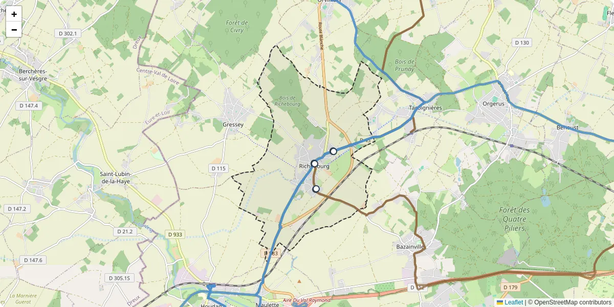 Carte du réseau de transport en commun à Richebourg - lignes de bus et arrêts