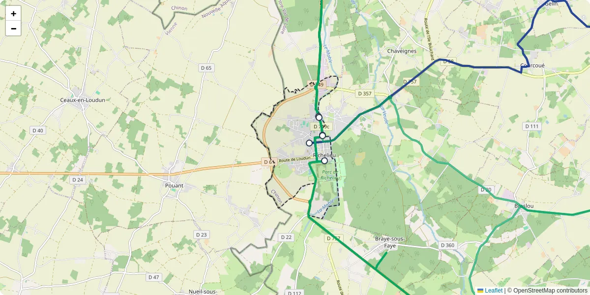 Carte du réseau de transport en commun à Richelieu - lignes de bus et arrêts