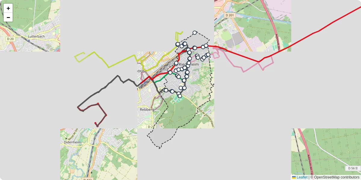 Carte du réseau de transport en commun à Riedisheim - lignes de bus et arrêts