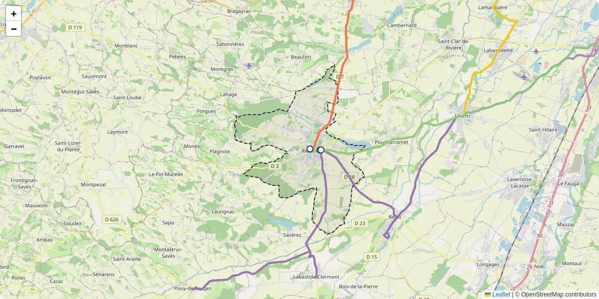 Carte du réseau de transport en commun à Rieumes - lignes de bus et arrêts