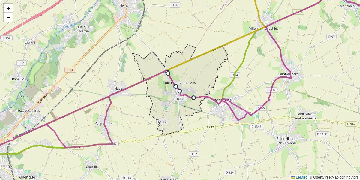 Carte du réseau de transport en commun à Rieux-en-Cambrésis - lignes de bus et arrêts