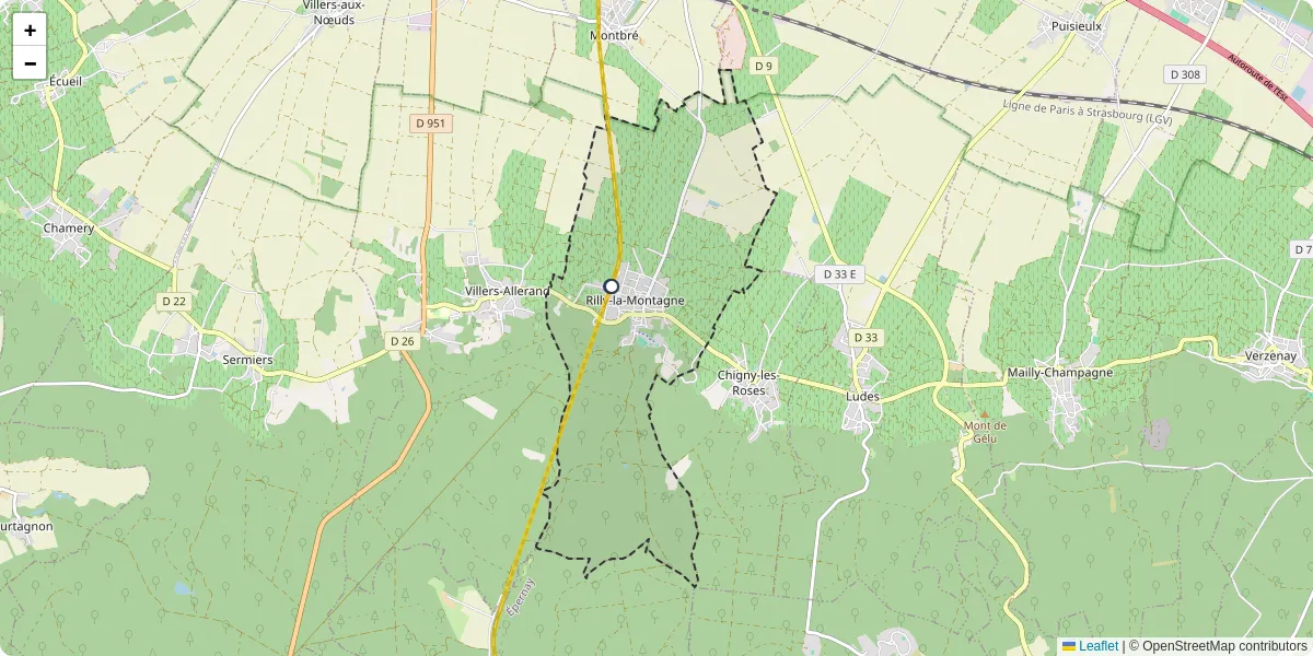 Carte du réseau de transport en commun à Rilly-la-Montagne - lignes de bus et arrêts